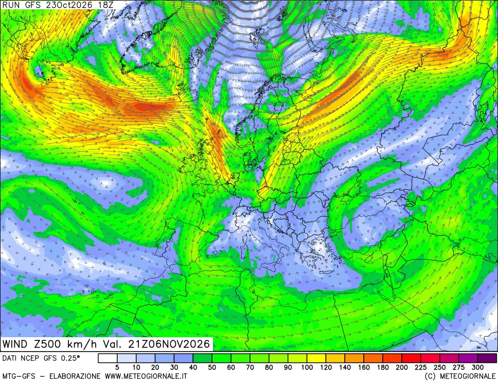 mappa 500 hPa Vento forza e direzione