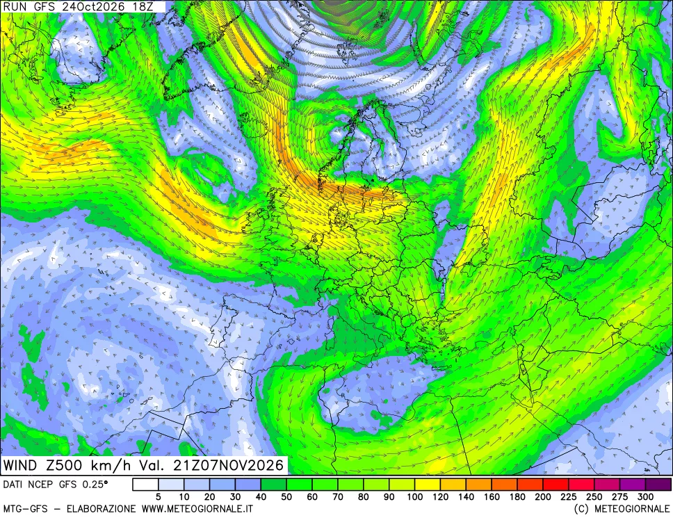 mappa 500 hPa Vento forza e direzione