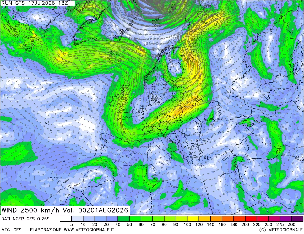 mappa 500 hPa Vento forza e direzione