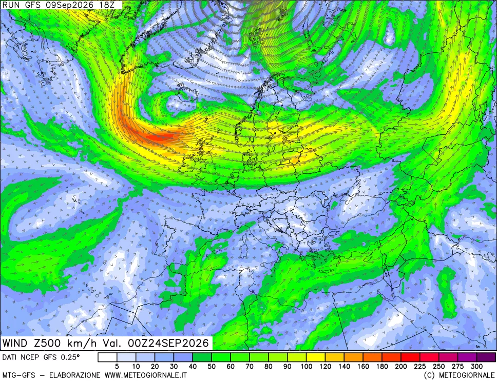 mappa 500 hPa Vento forza e direzione