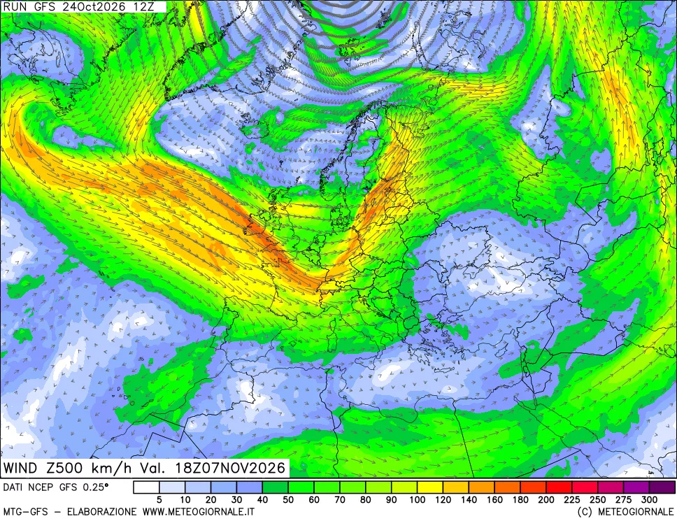 mappa 500 hPa Vento forza e direzione