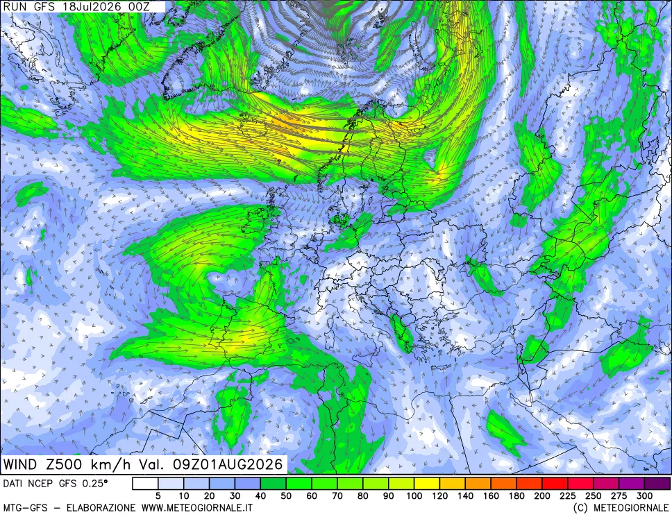 mappa 500 hPa Vento forza e direzione
