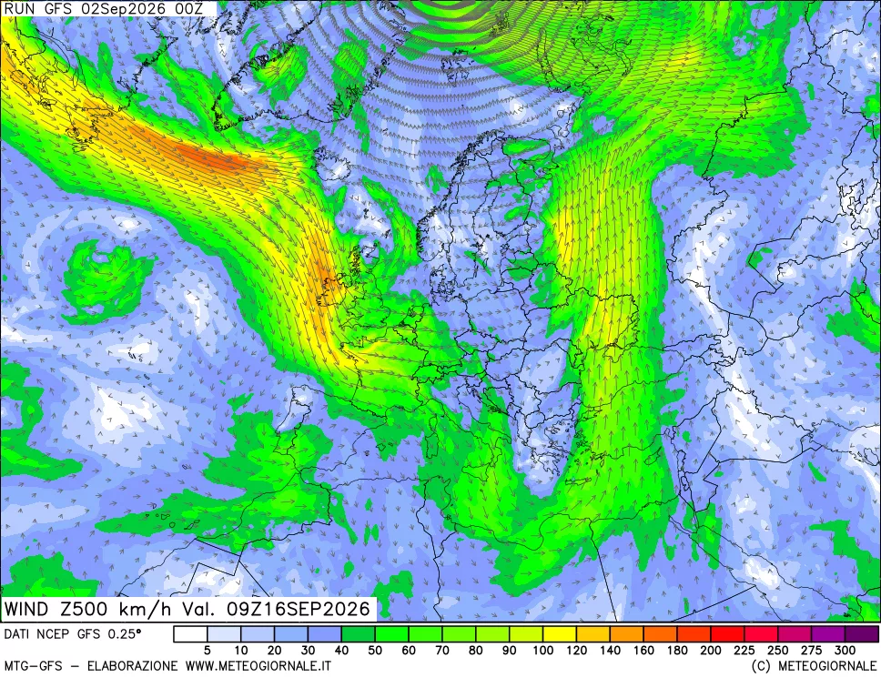 mappa 500 hPa Vento forza e direzione