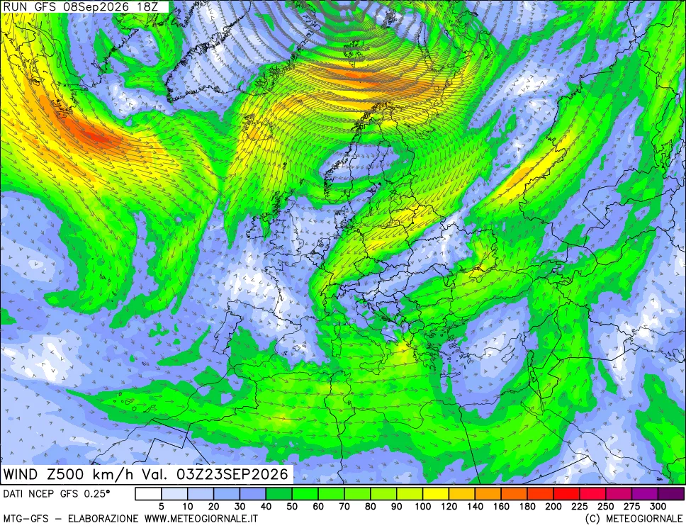 mappa 500 hPa Vento forza e direzione