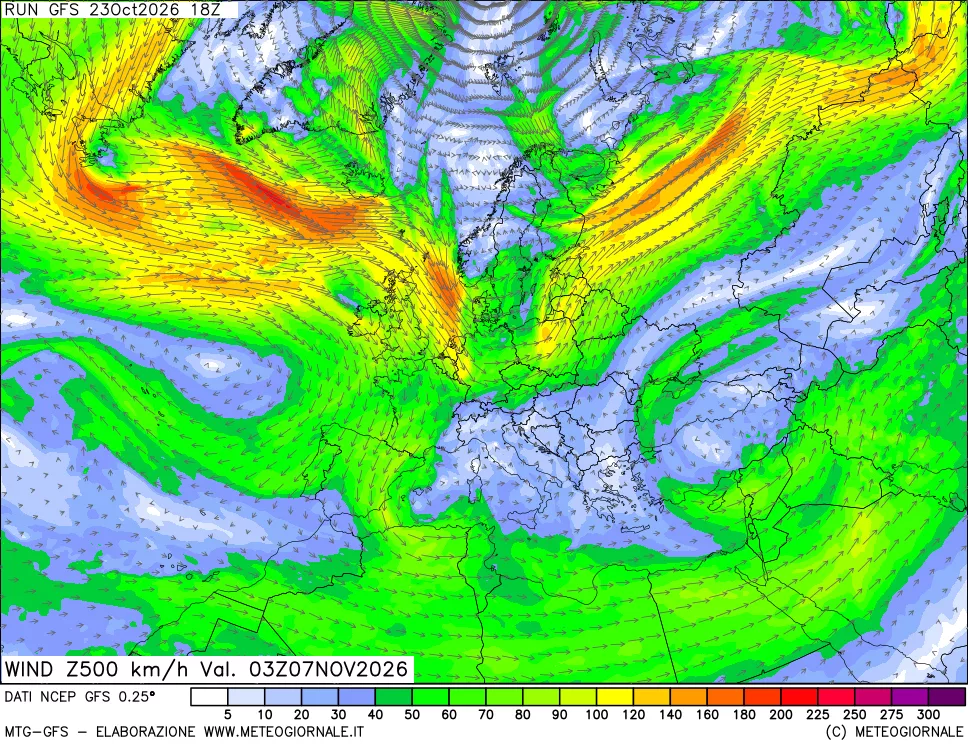 mappa 500 hPa Vento forza e direzione