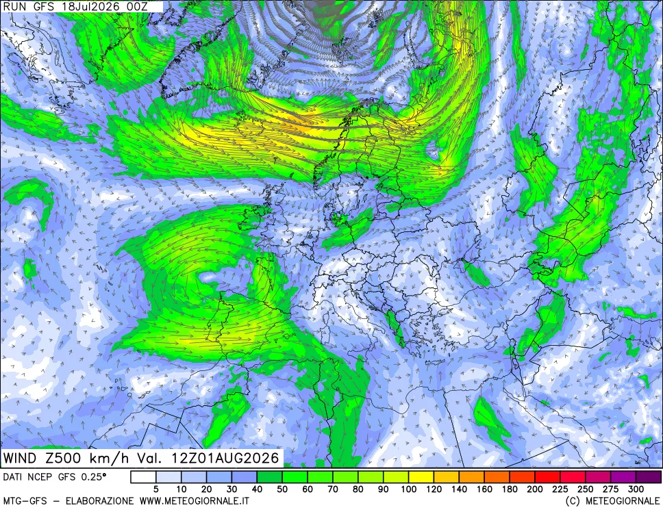 mappa 500 hPa Vento forza e direzione