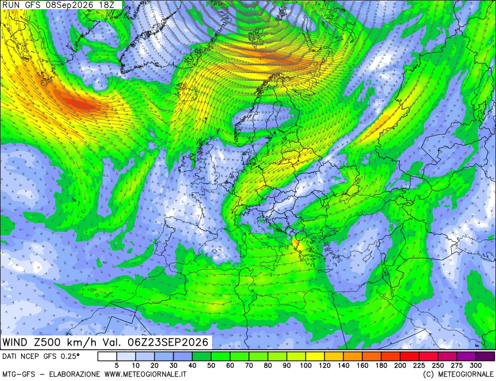 mappa 500 hPa Vento forza e direzione