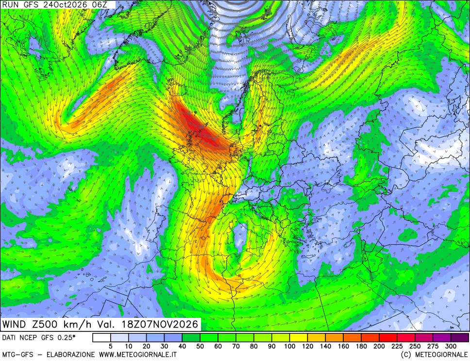 mappa 500 hPa Vento forza e direzione