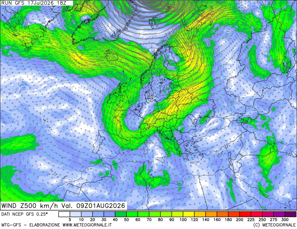 mappa 500 hPa Vento forza e direzione