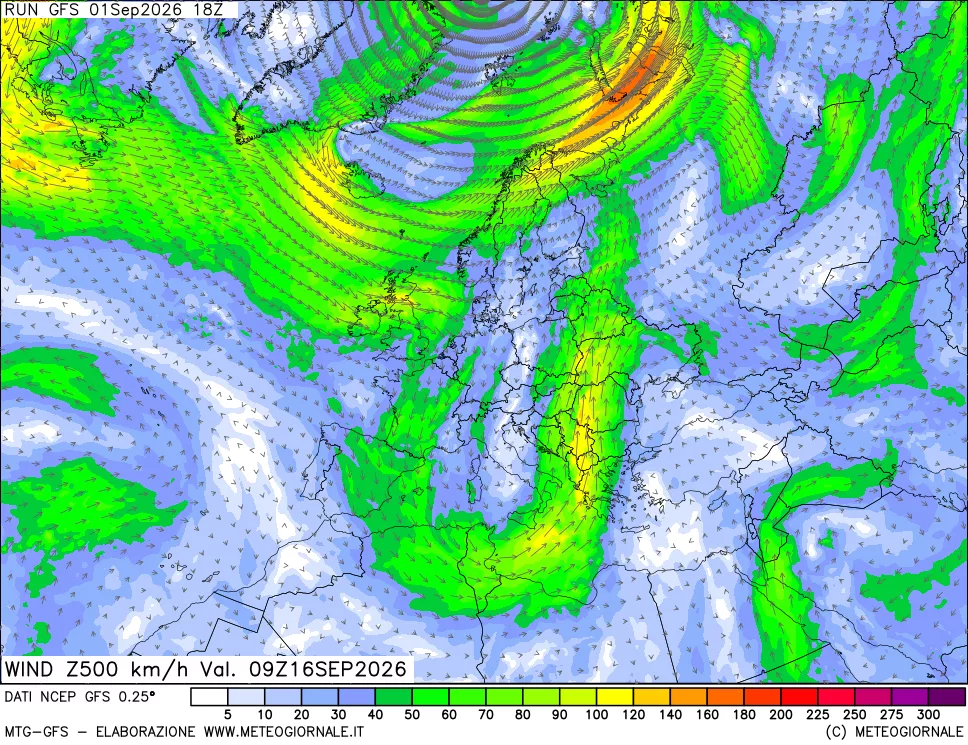 mappa 500 hPa Vento forza e direzione