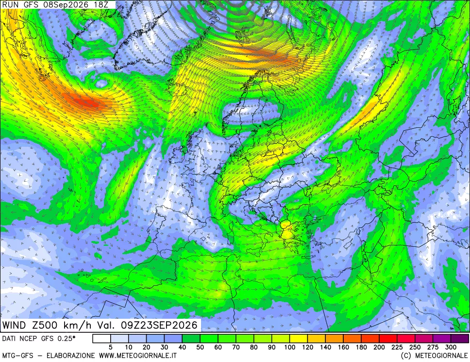 mappa 500 hPa Vento forza e direzione