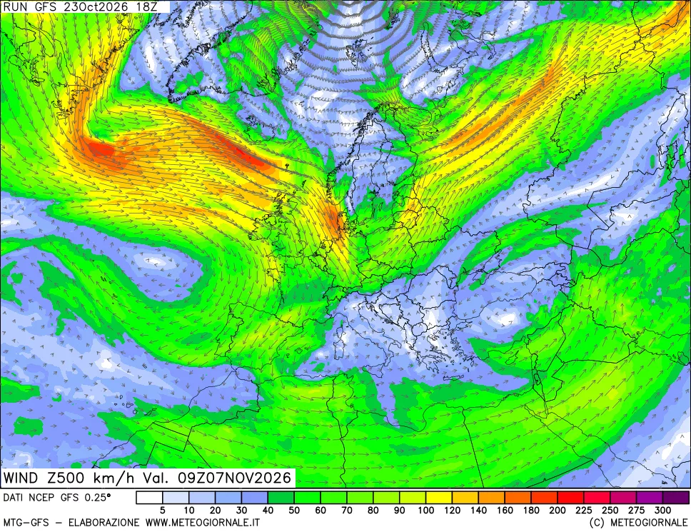 mappa 500 hPa Vento forza e direzione