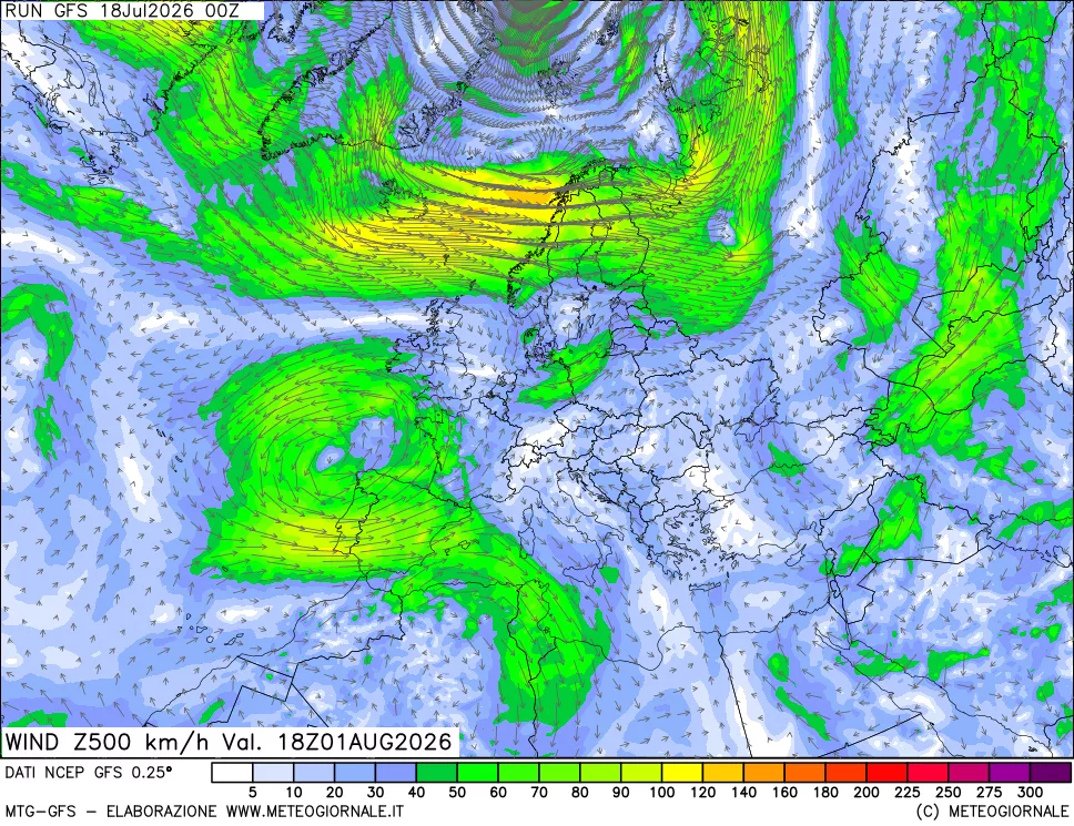 mappa 500 hPa Vento forza e direzione