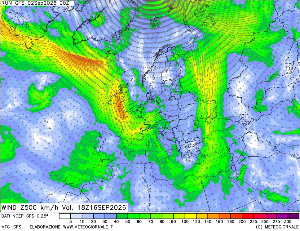 mappa 500 hPa Vento forza e direzione