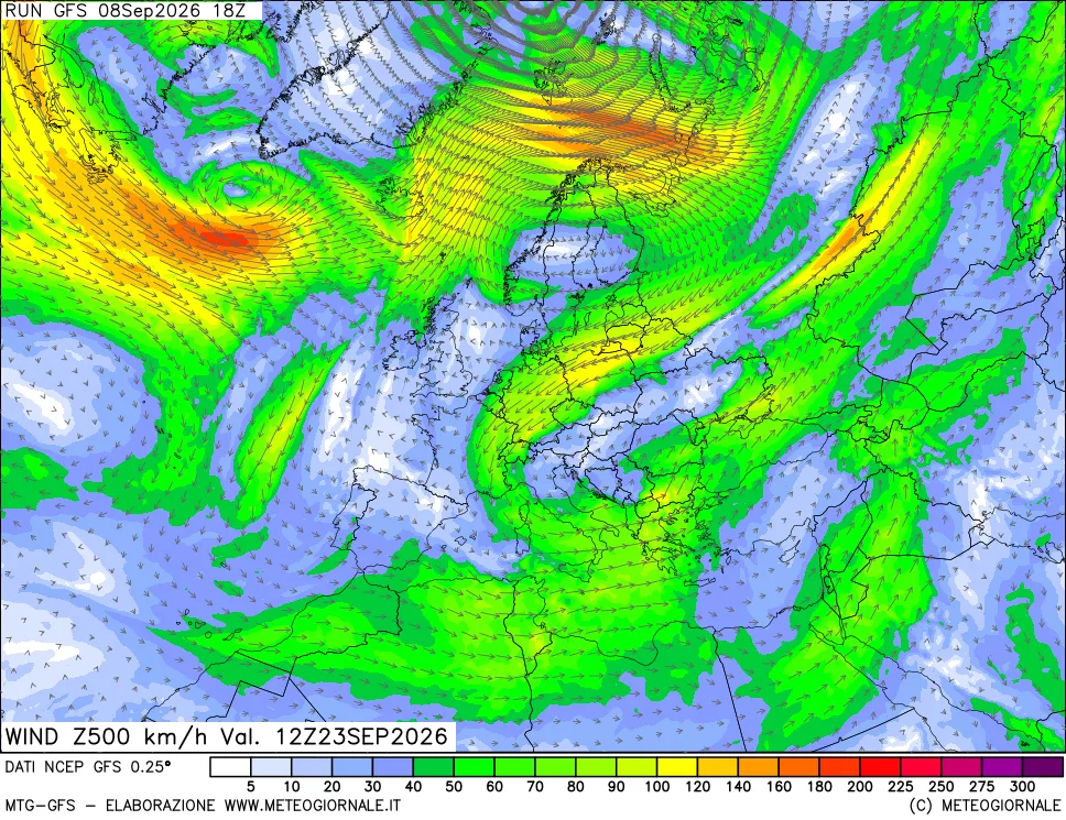 mappa 500 hPa Vento forza e direzione