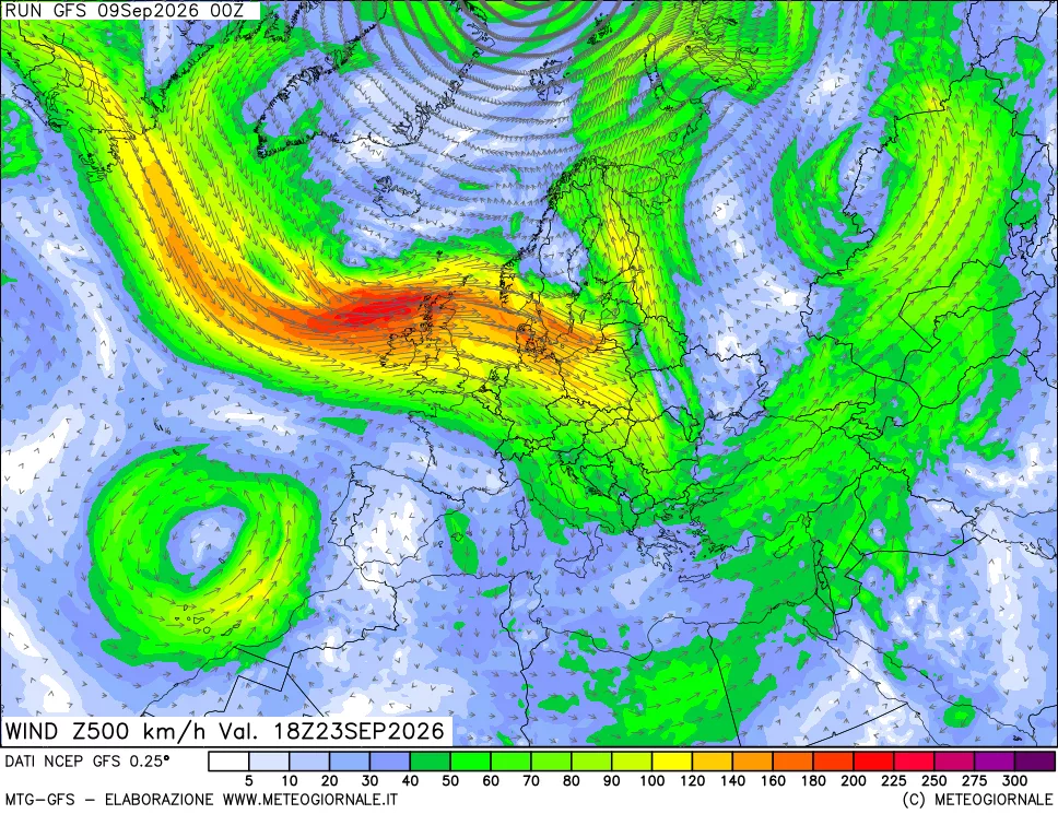 mappa 500 hPa Vento forza e direzione