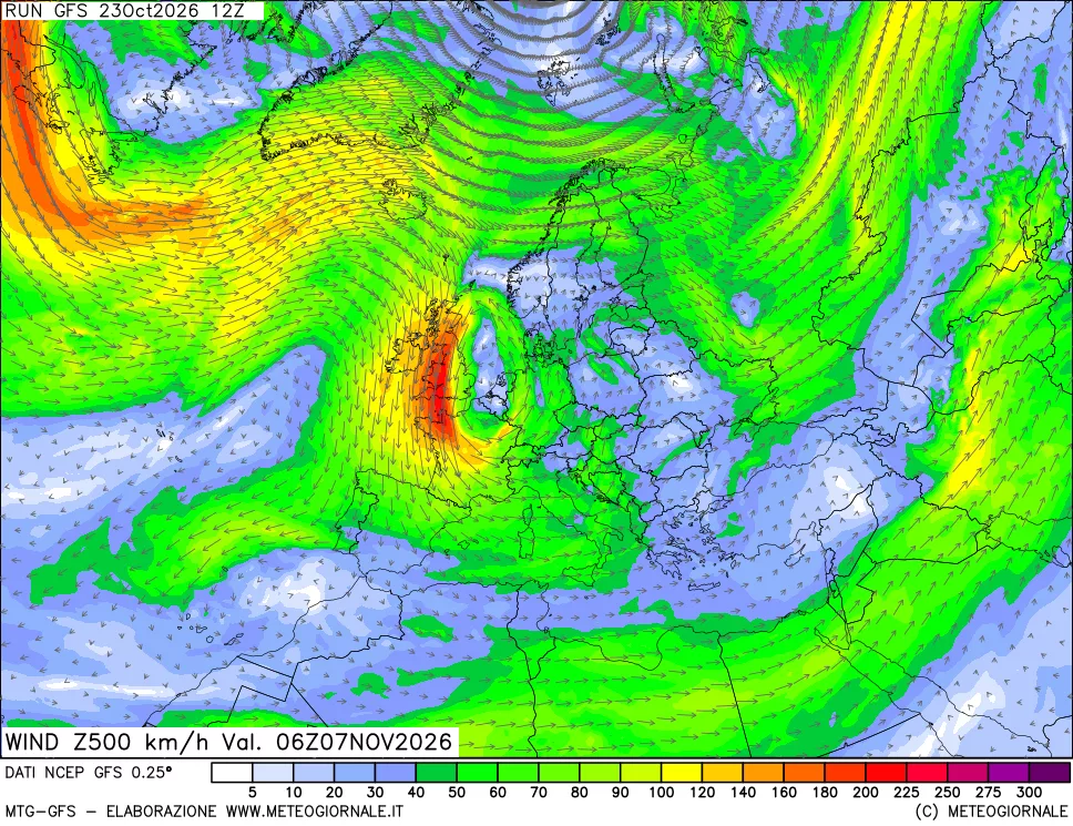 mappa 500 hPa Vento forza e direzione