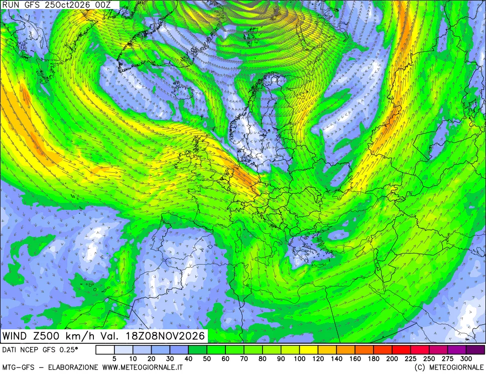 mappa 500 hPa Vento forza e direzione