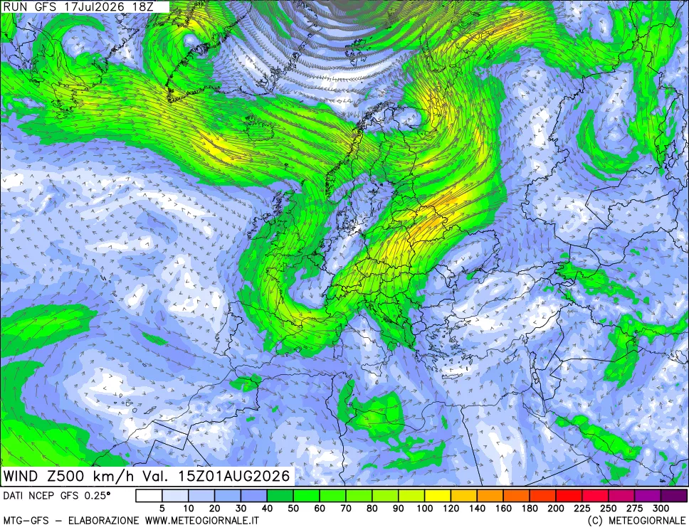 mappa 500 hPa Vento forza e direzione