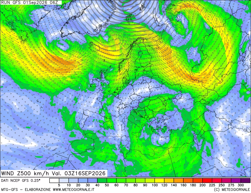 mappa 500 hPa Vento forza e direzione