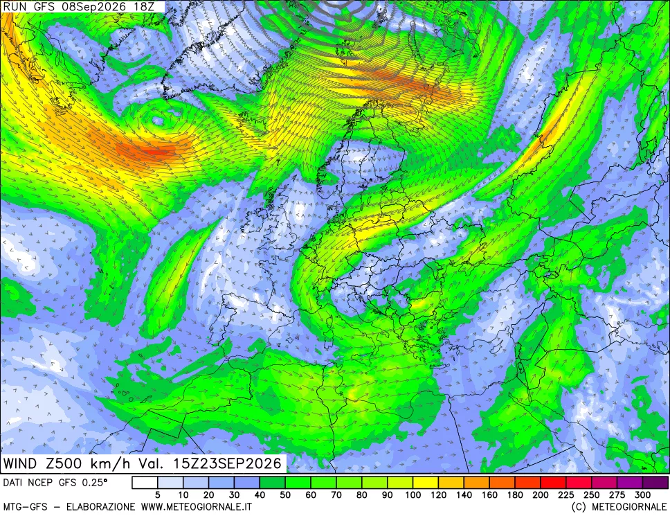 mappa 500 hPa Vento forza e direzione