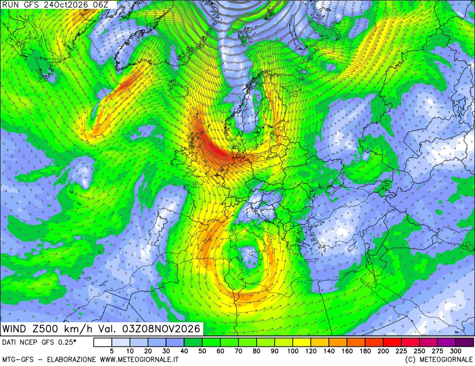 mappa 500 hPa Vento forza e direzione