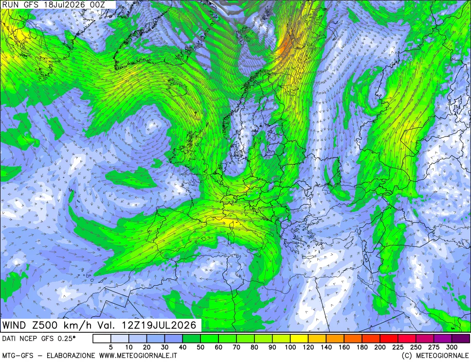 mappa 500 hPa Vento forza e direzione