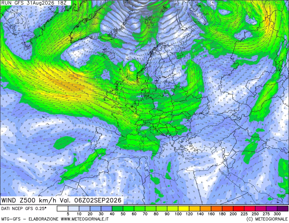 mappa 500 hPa Vento forza e direzione