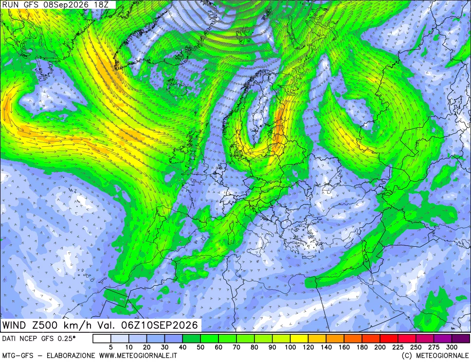 mappa 500 hPa Vento forza e direzione