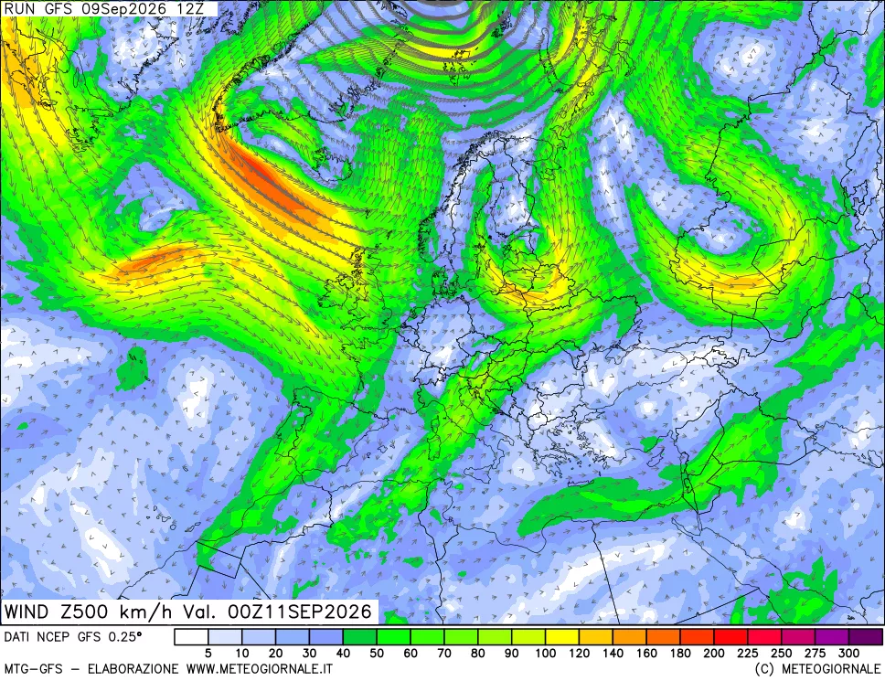 mappa 500 hPa Vento forza e direzione