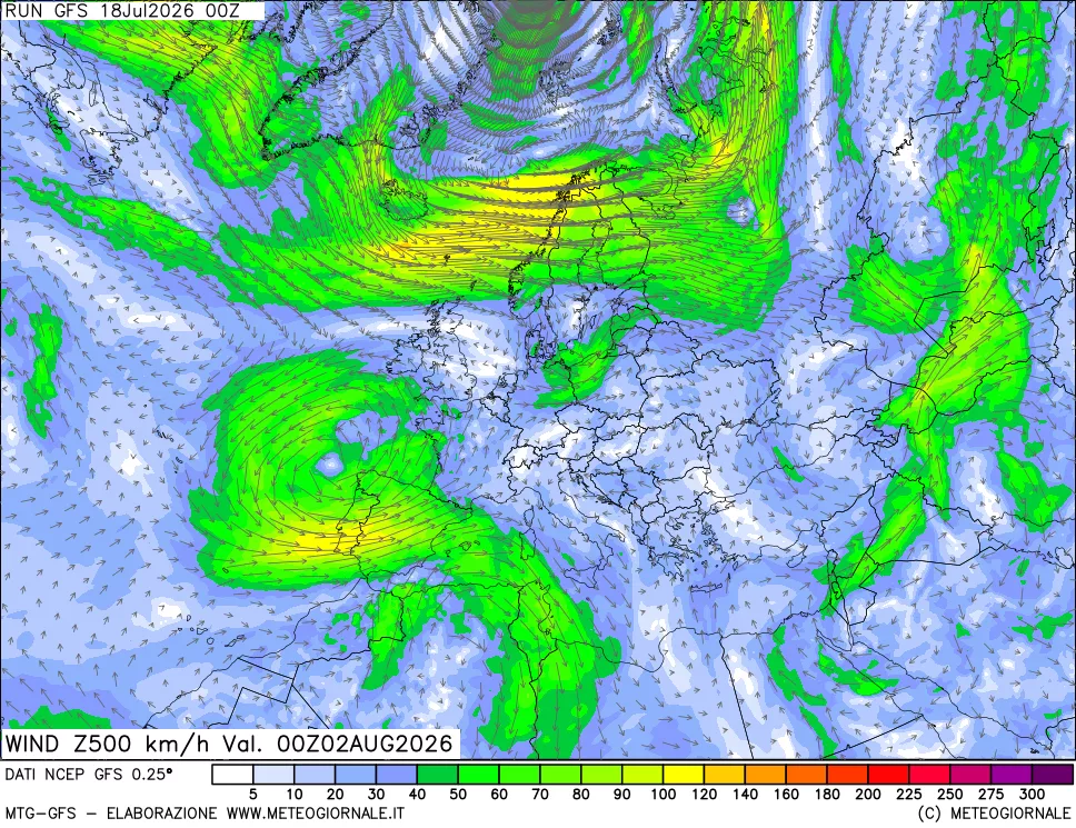 mappa 500 hPa Vento forza e direzione