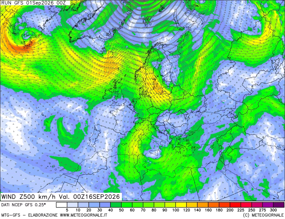 mappa 500 hPa Vento forza e direzione