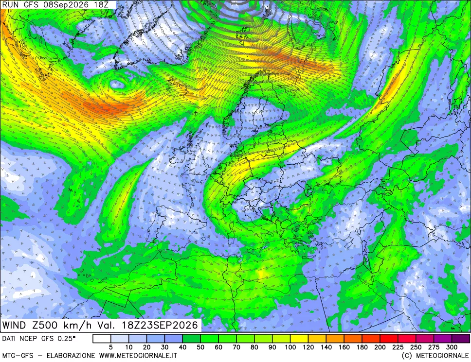 mappa 500 hPa Vento forza e direzione