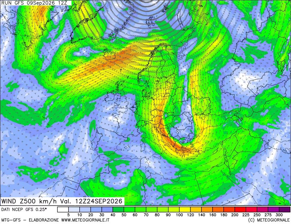 mappa 500 hPa Vento forza e direzione