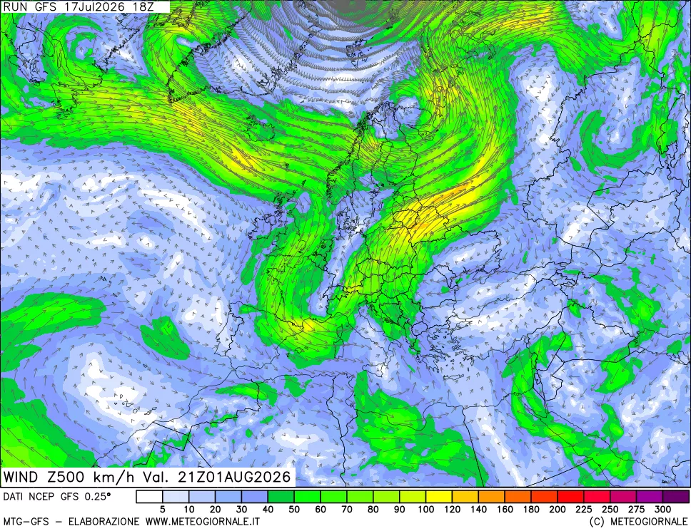 mappa 500 hPa Vento forza e direzione