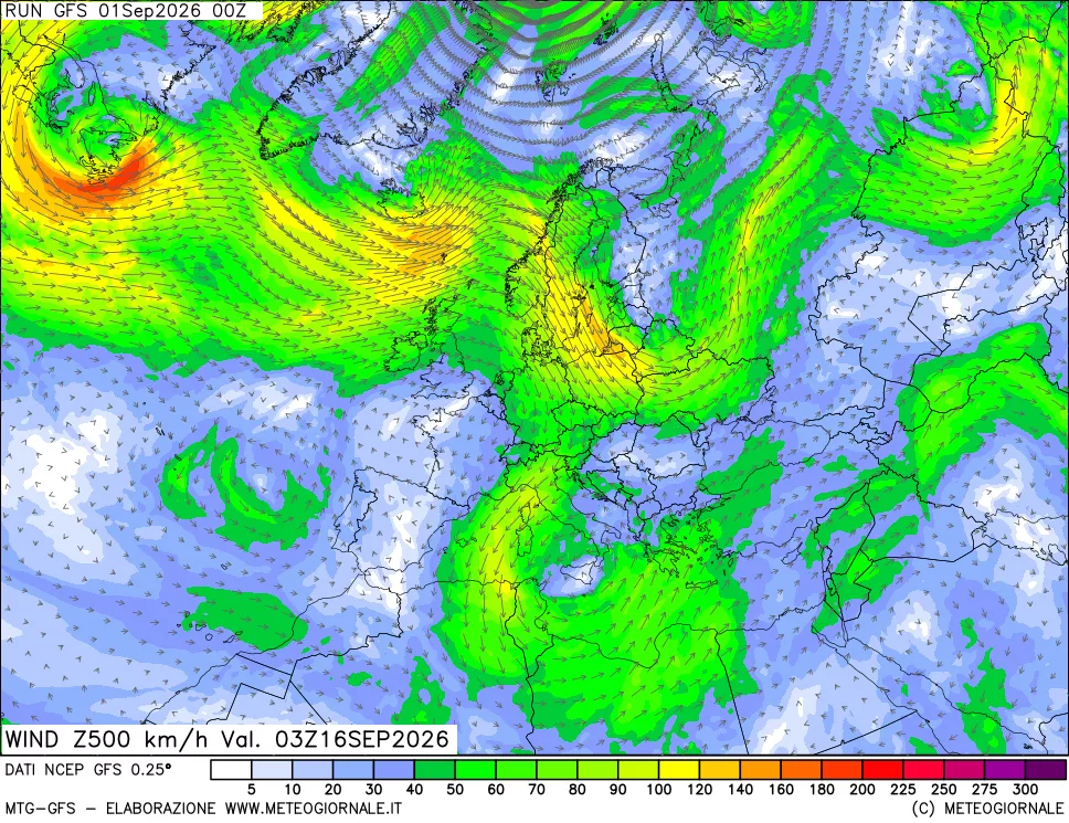 mappa 500 hPa Vento forza e direzione