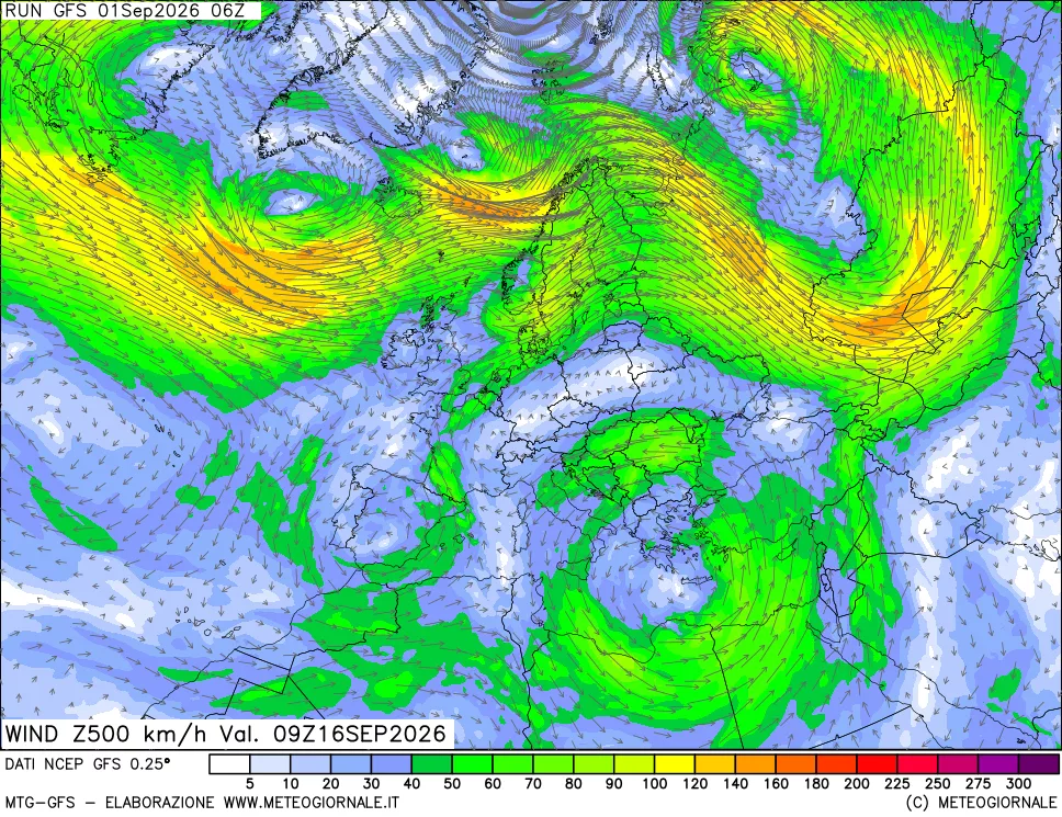 mappa 500 hPa Vento forza e direzione