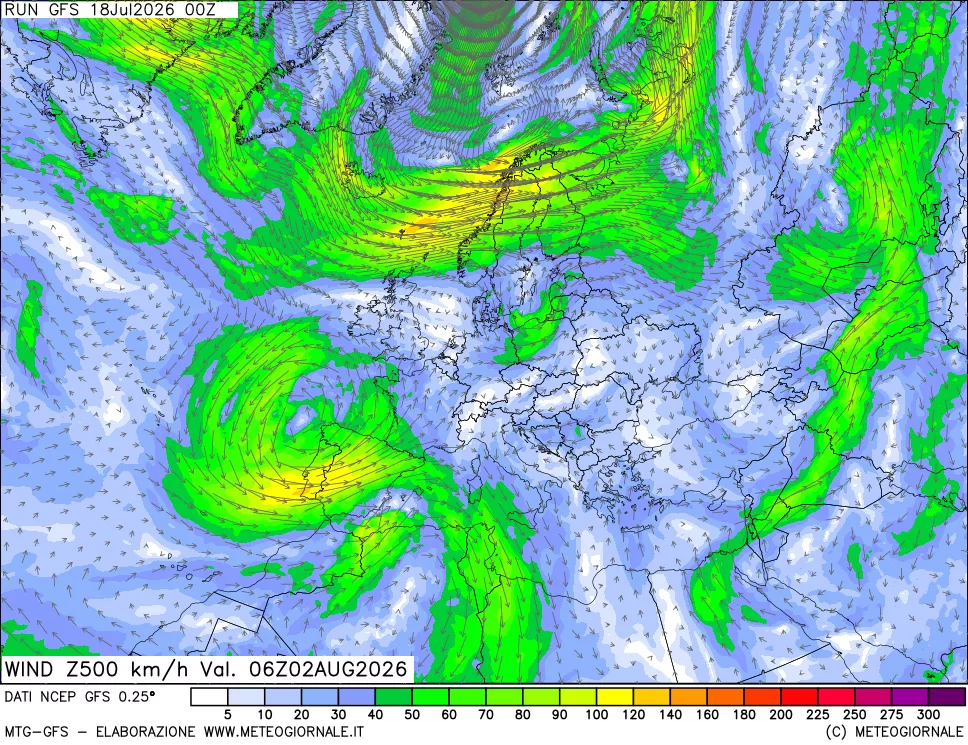 mappa 500 hPa Vento forza e direzione