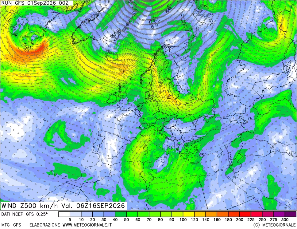 mappa 500 hPa Vento forza e direzione