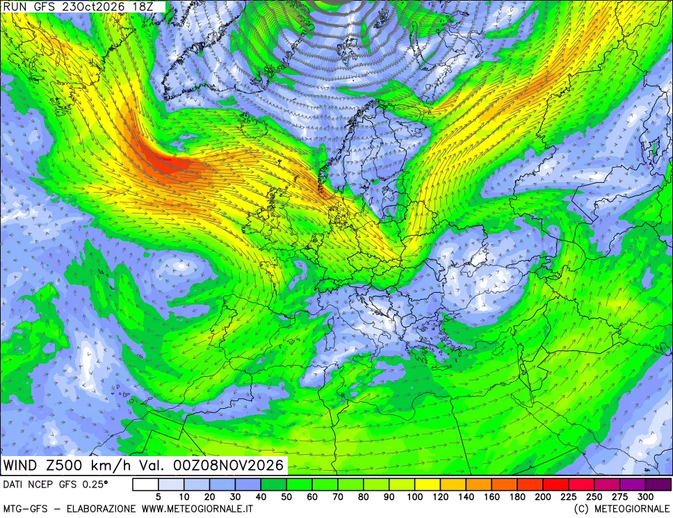 mappa 500 hPa Vento forza e direzione