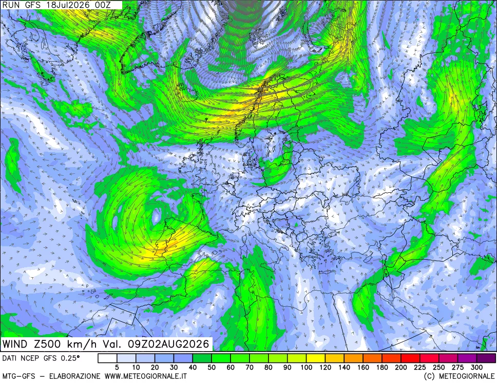 mappa 500 hPa Vento forza e direzione