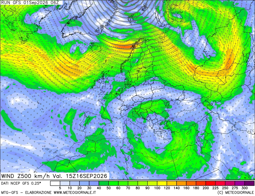mappa 500 hPa Vento forza e direzione