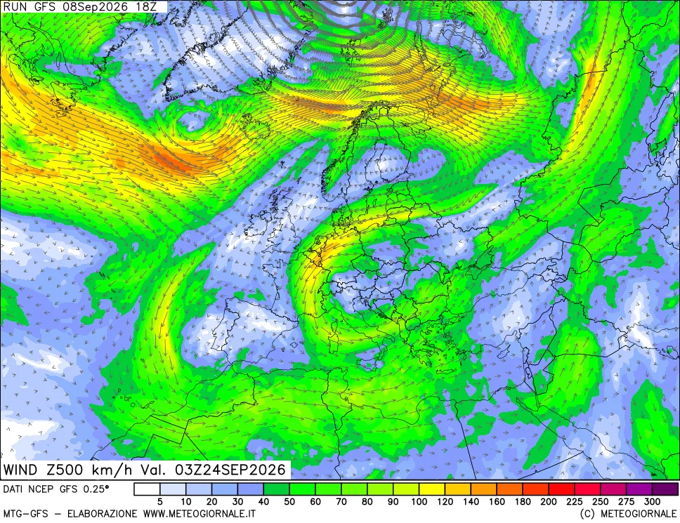 mappa 500 hPa Vento forza e direzione