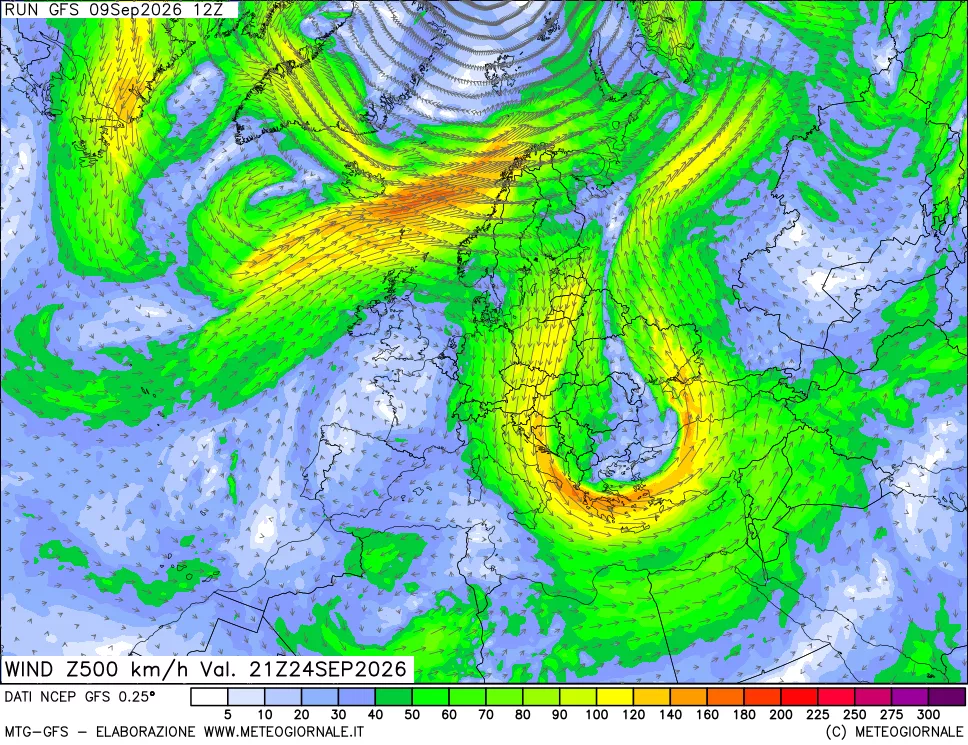 mappa 500 hPa Vento forza e direzione