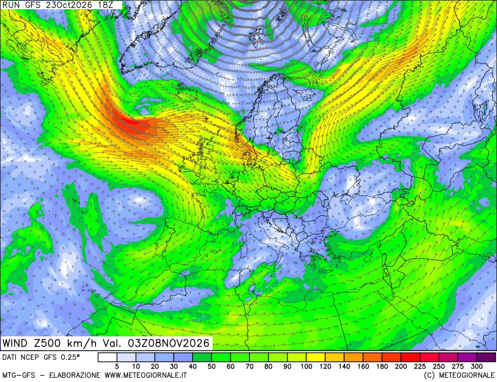 mappa 500 hPa Vento forza e direzione