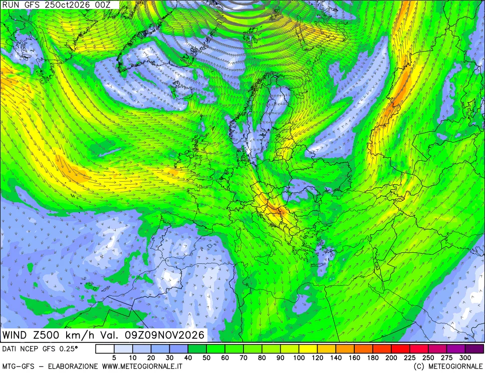 mappa 500 hPa Vento forza e direzione