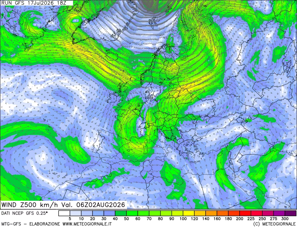 mappa 500 hPa Vento forza e direzione
