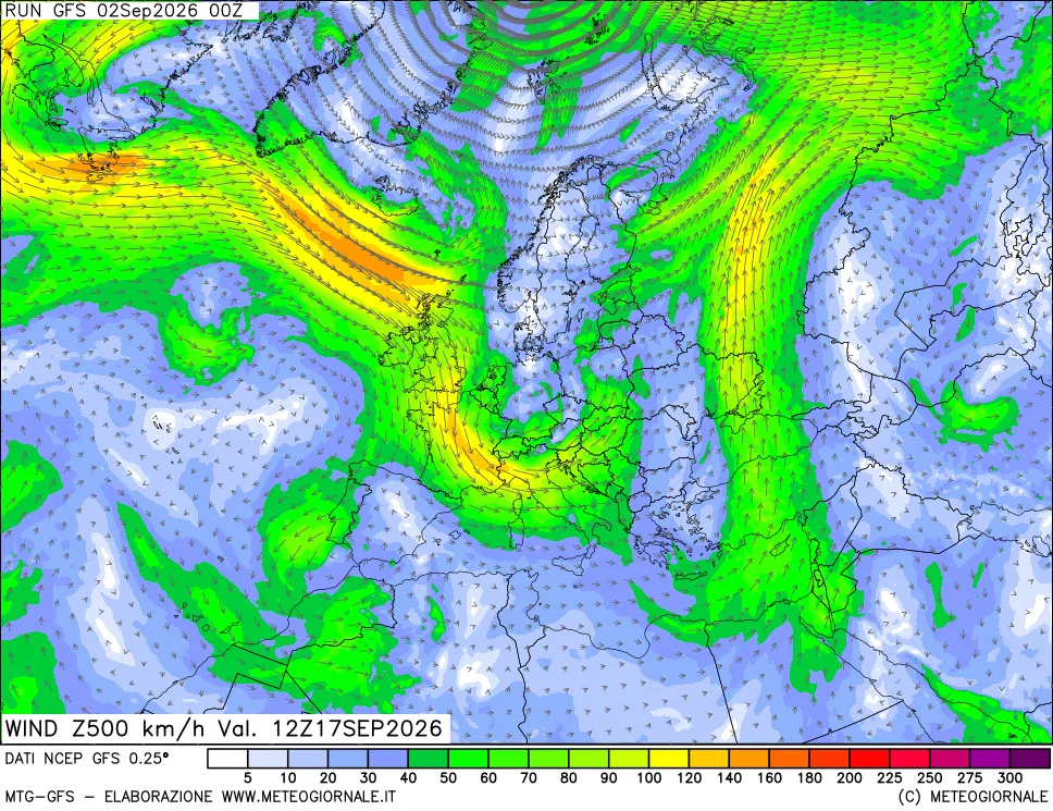mappa 500 hPa Vento forza e direzione