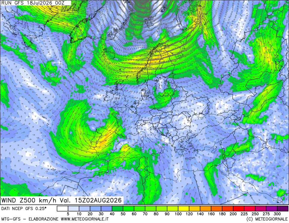 mappa 500 hPa Vento forza e direzione