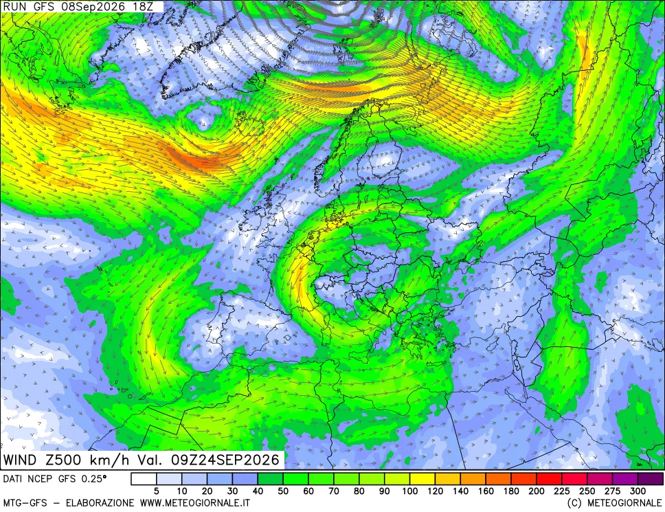 mappa 500 hPa Vento forza e direzione